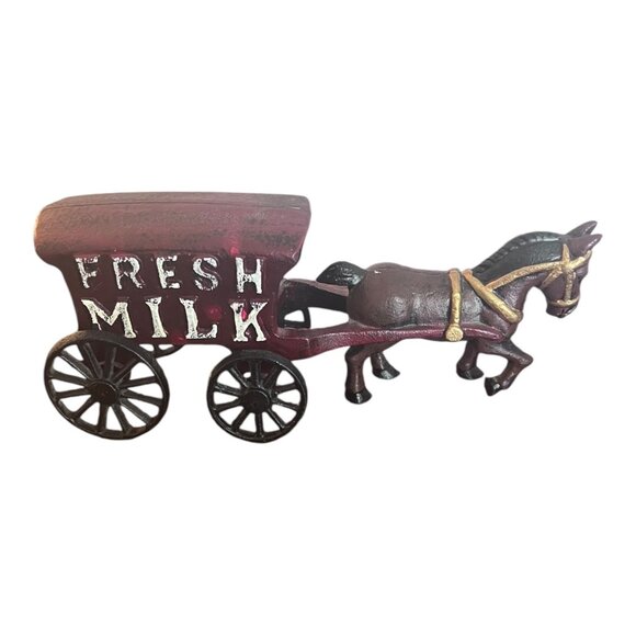 Other - Vtg CAST IRON Horse Drawn Wagon FRESH MILK Figurine Home Farmhouse Decor